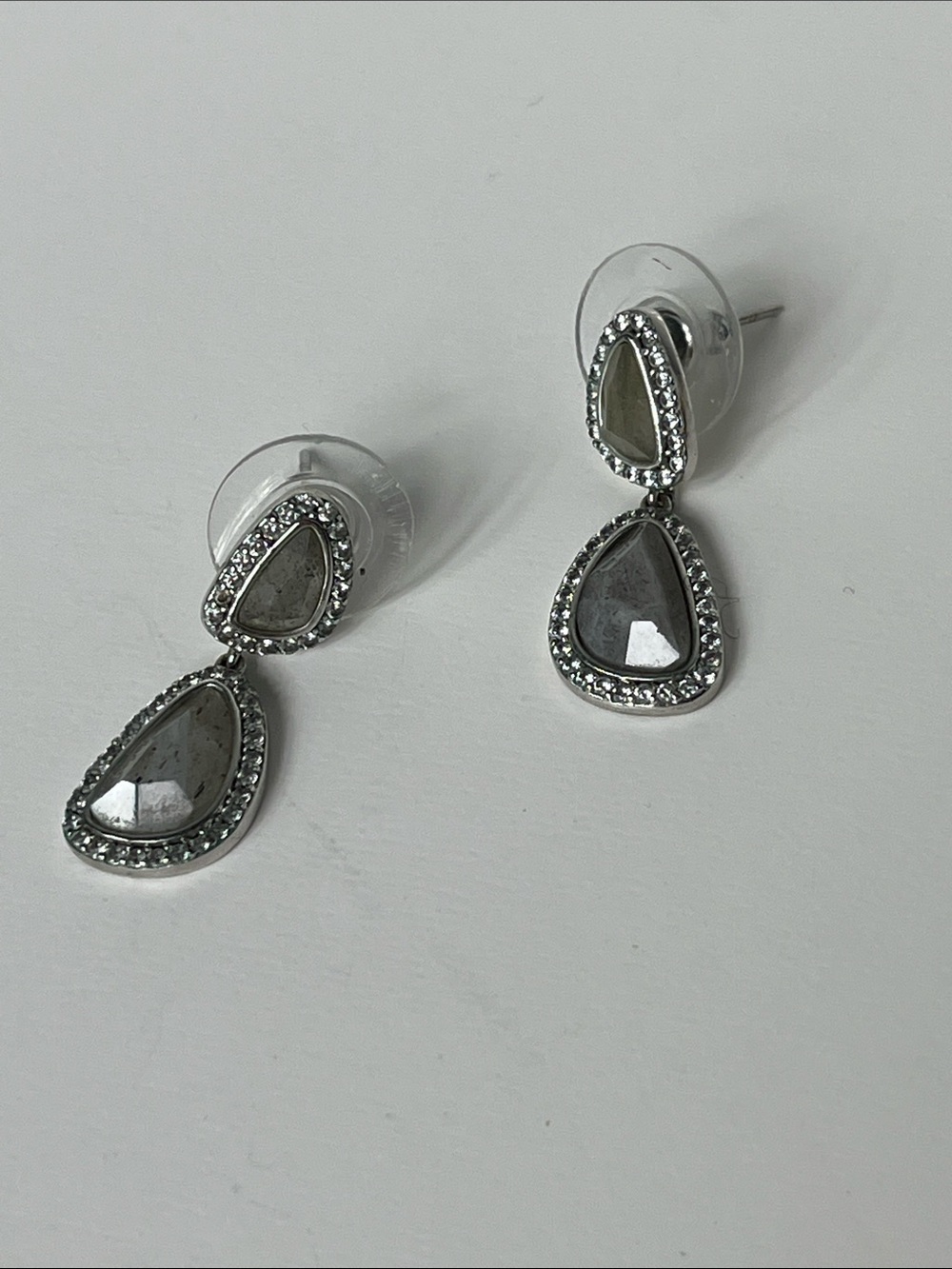 Silver-Tone Gray Teardrop Dangle Earrings with Crystal Halo